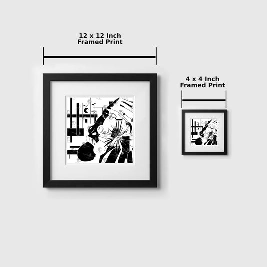 Two framed black and white prints with dimensions displayed on a light gray background