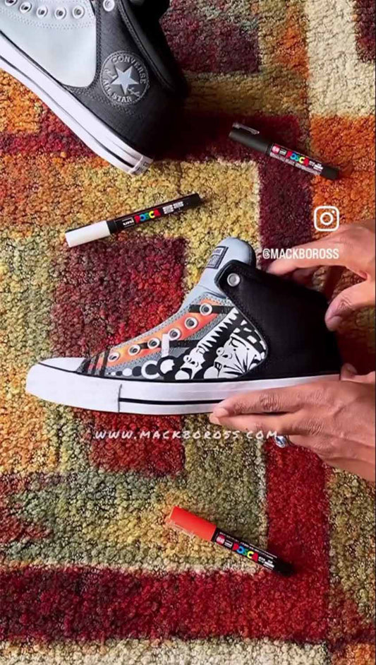 Convers Shoe design by Wisconsin based Artist Mack Bo Ross using posca pens
