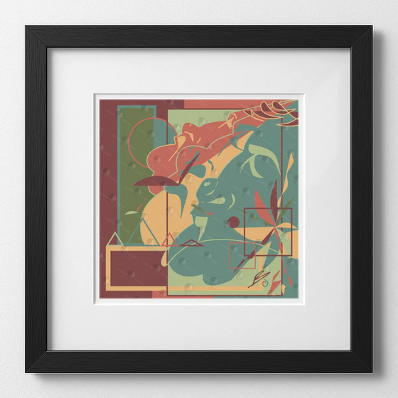 Framed abstract artwork with geometric shapes on a white background