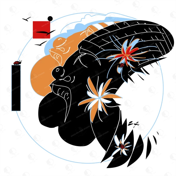 Simplified illustration of a person with large black hair, flowers, and minimalistic elements on a white background.