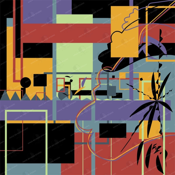 Abstract art with geometric shapes and colors on a black background