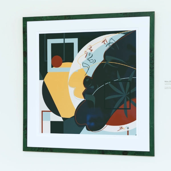 Framed abstract artwork with geometric shapes and colors on a white background