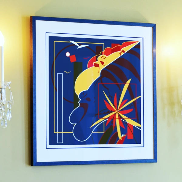 Framed abstract artwork with colorful design on a wall