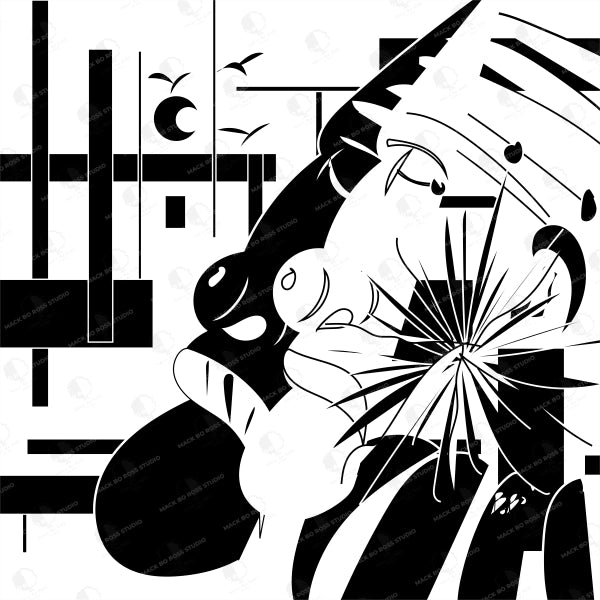 Black and white abstract design with geometric shapes and a stylized face.