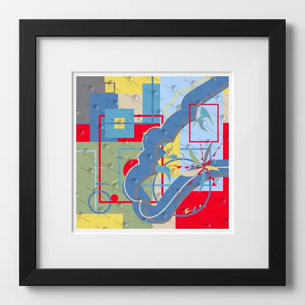 Framed abstract artwork with geometric shapes and bold colors on a white background