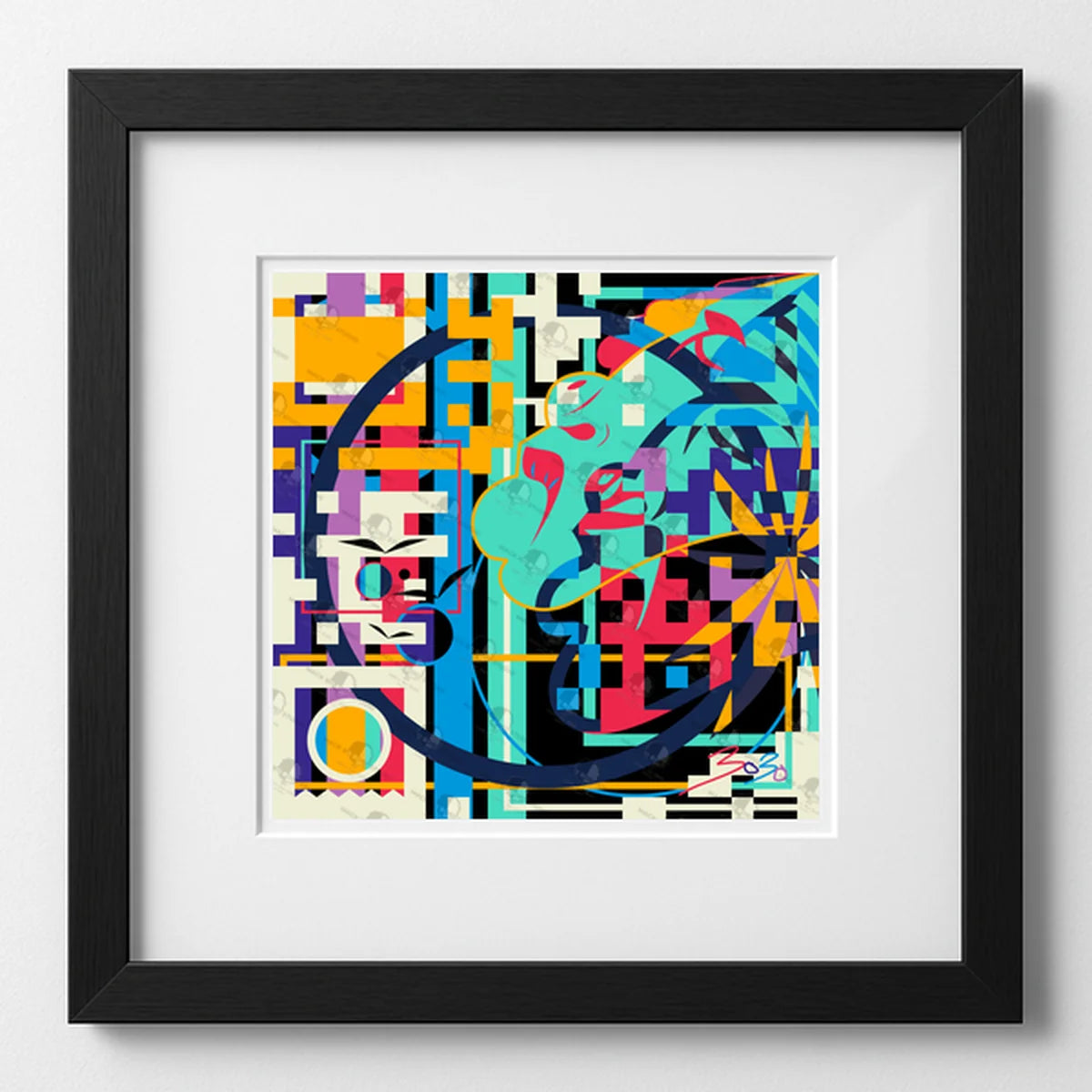 Framed abstract artwork with colorful geometric design on a white wall