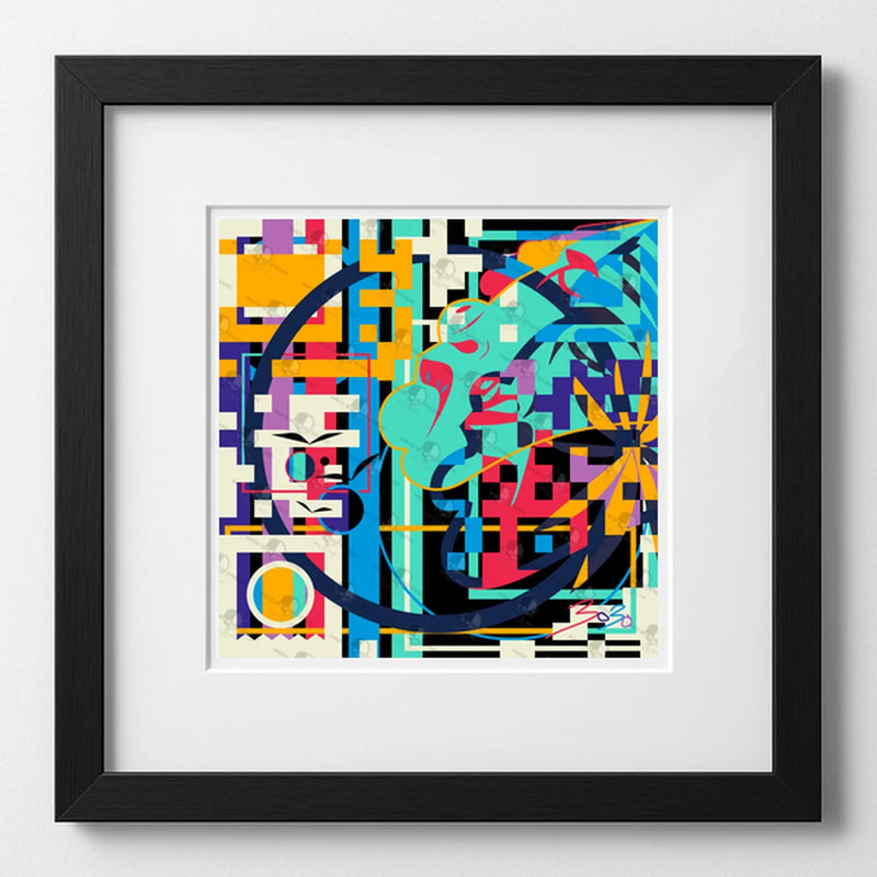 Framed abstract artwork with colorful geometric design on a white wall