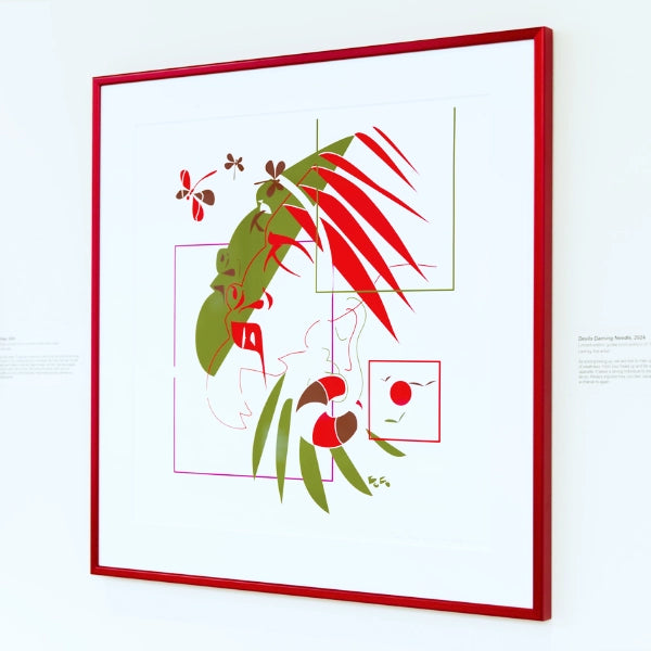 Framed abstract artwork with red and green elements on a white background