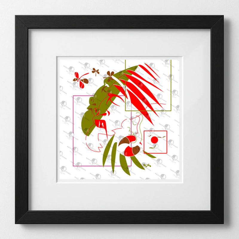Framed abstract artwork with red and green elements on a white background