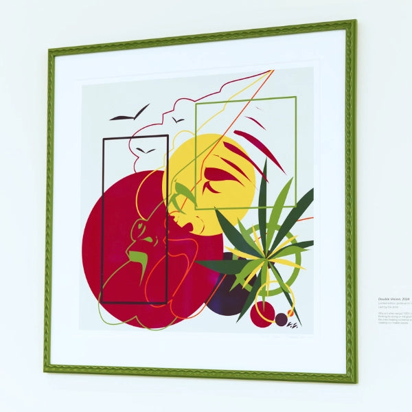 Framed abstract artwork with colorful shapes and lines on a white background