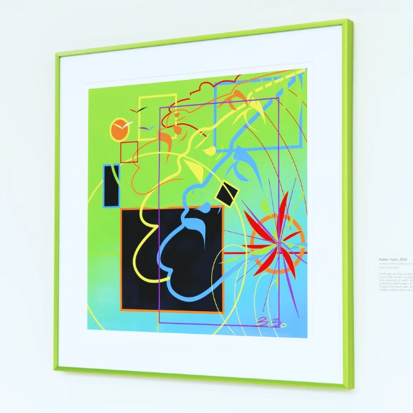 Abstract artwork with colorful lines and shapes on a green background