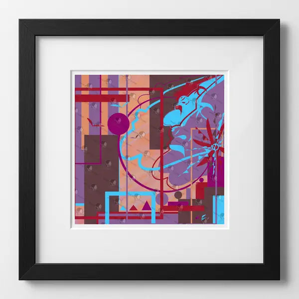 Framed abstract artwork with geometric shapes and vibrant colors on a white background