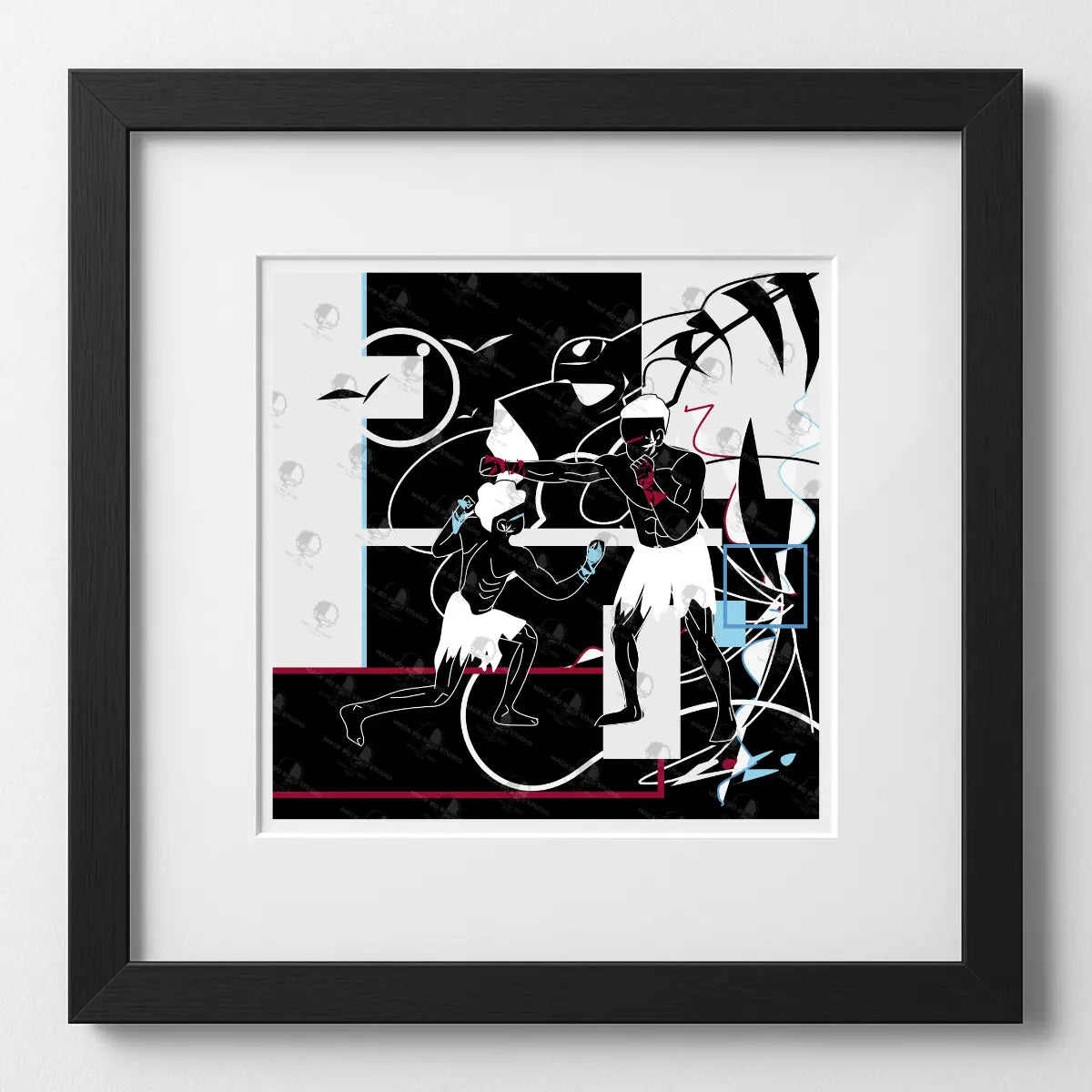 Framed abstract artwork with geometric shapes on a white wall boxing