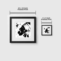 Two framed prints of different sizes on a white background