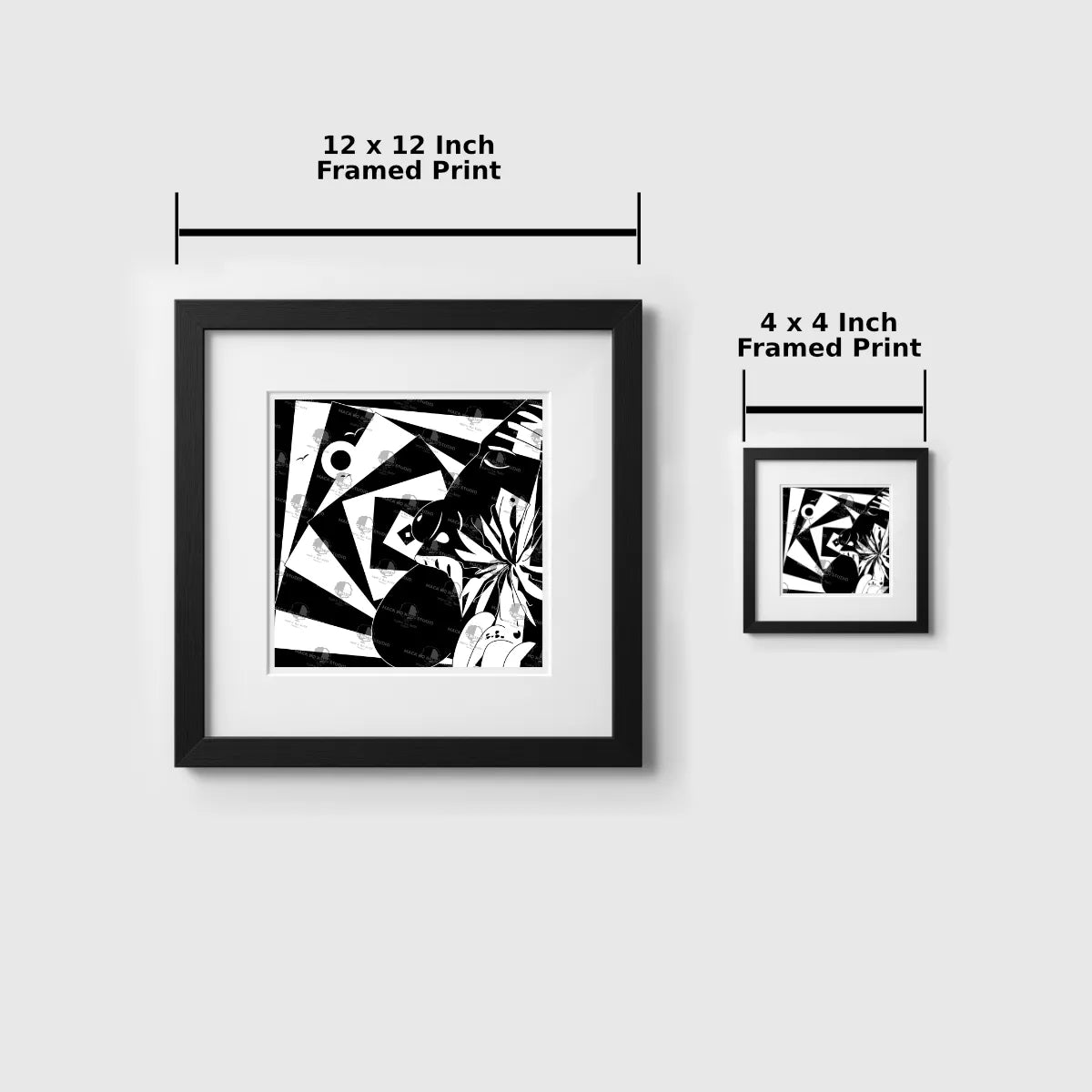Two framed black and white abstract prints with dimensions displayed on a light gray background.