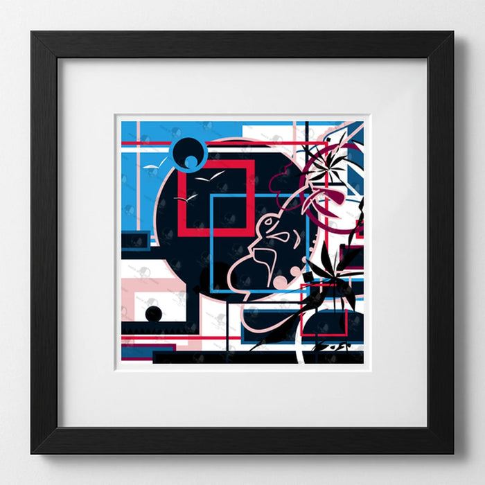 Framed abstract artwork with geometric shapes and lines on a white background