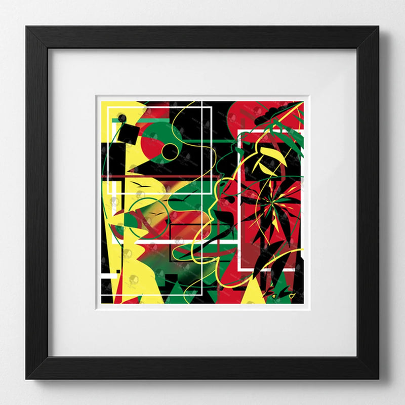Framed abstract artwork with colorful geometric design on a white background