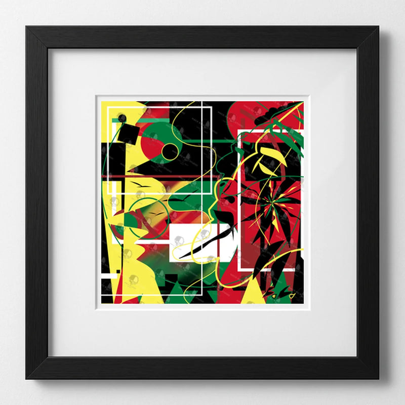 Framed abstract artwork with bold colors on a white background