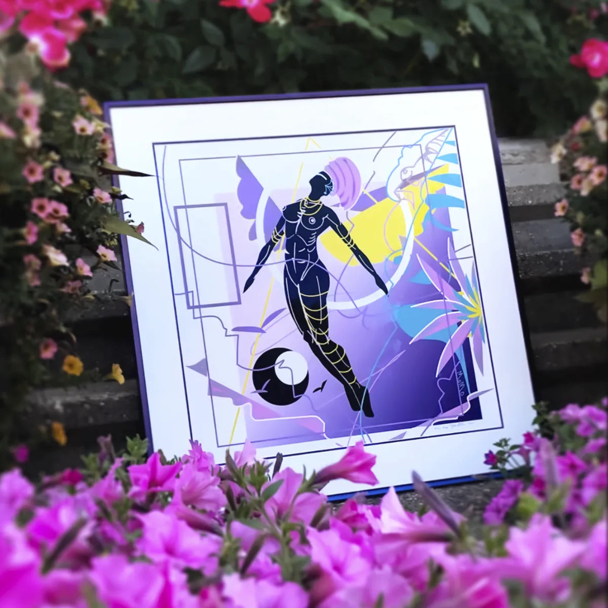 Framed artwork of a stylized figure with abstract design, surrounded by flowers.
