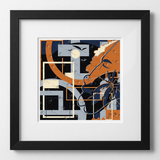 Vibrant art print titled “Mysterious Wings” featuring bold colors and Afrocentric design by Mack Bo Ross, celebrating Black creativity and ambition.