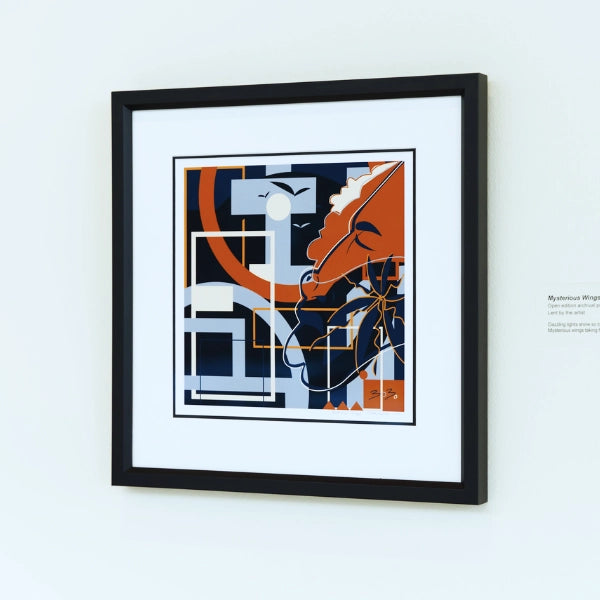 Framed abstract artwork with geometric shapes on a white wall