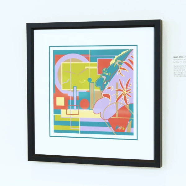 Framed abstract artwork with geometric shapes on a white wall