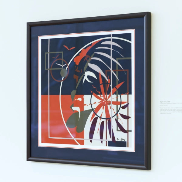 Framed abstract artwork with geometric shapes on a light blue wall