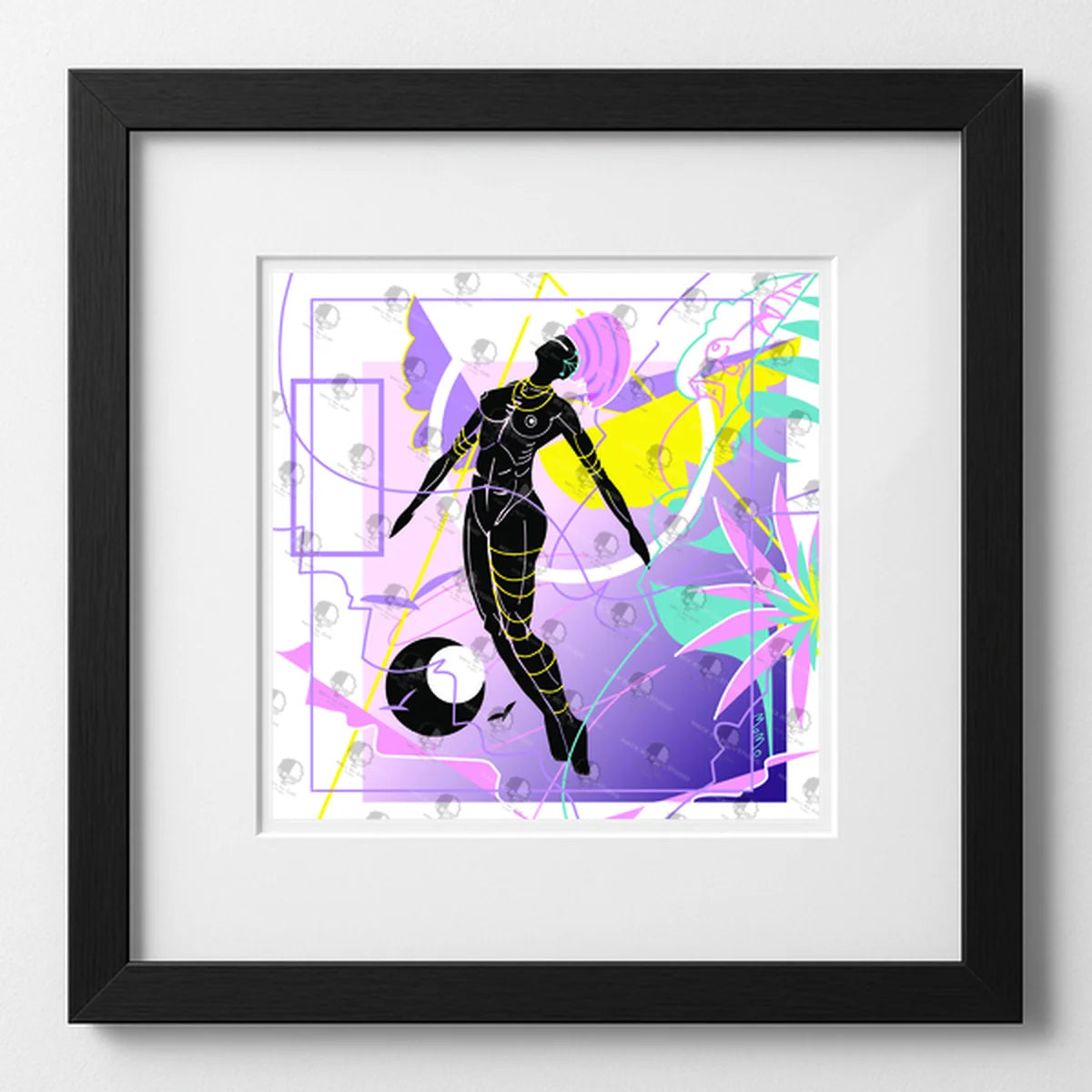 Framed artwork with a black silhouette of a figure against a colorful abstract background.
