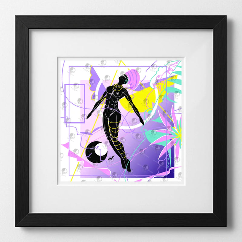 Framed artwork with a black silhouette of a figure against a colorful abstract background.