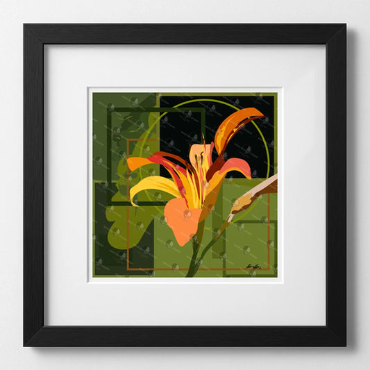 Vibrant art print titled “Orange Lily” featuring bold colors and Afrocentric design by Mack Bo Ross, celebrating Black creativity and ambition.