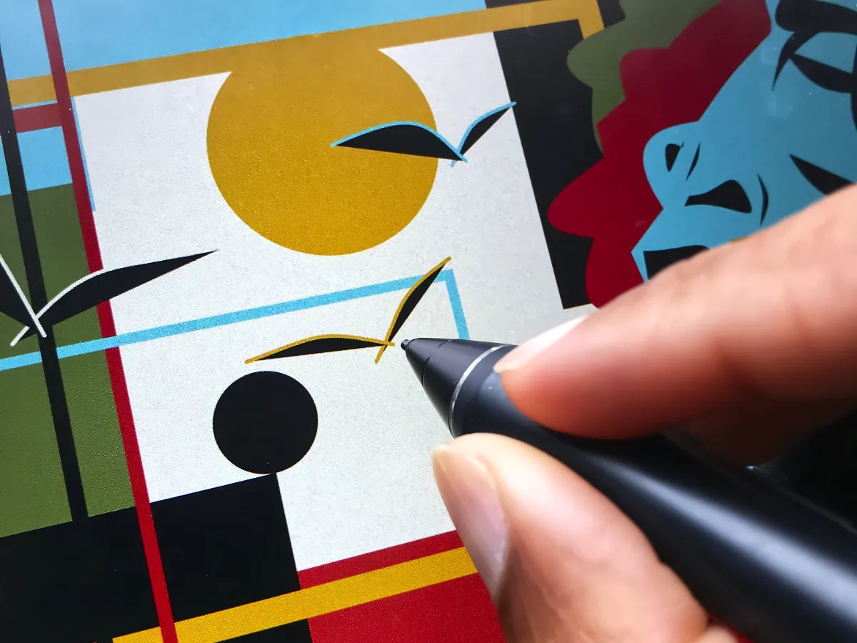 Abstract artwork with geometric shapes and a stylized face.