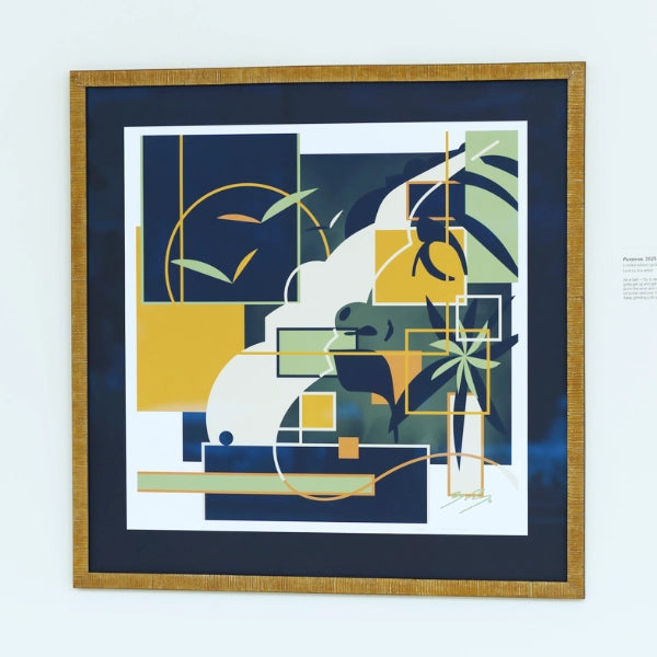 Framed abstract art piece with geometric shapes and plant elements on a white background