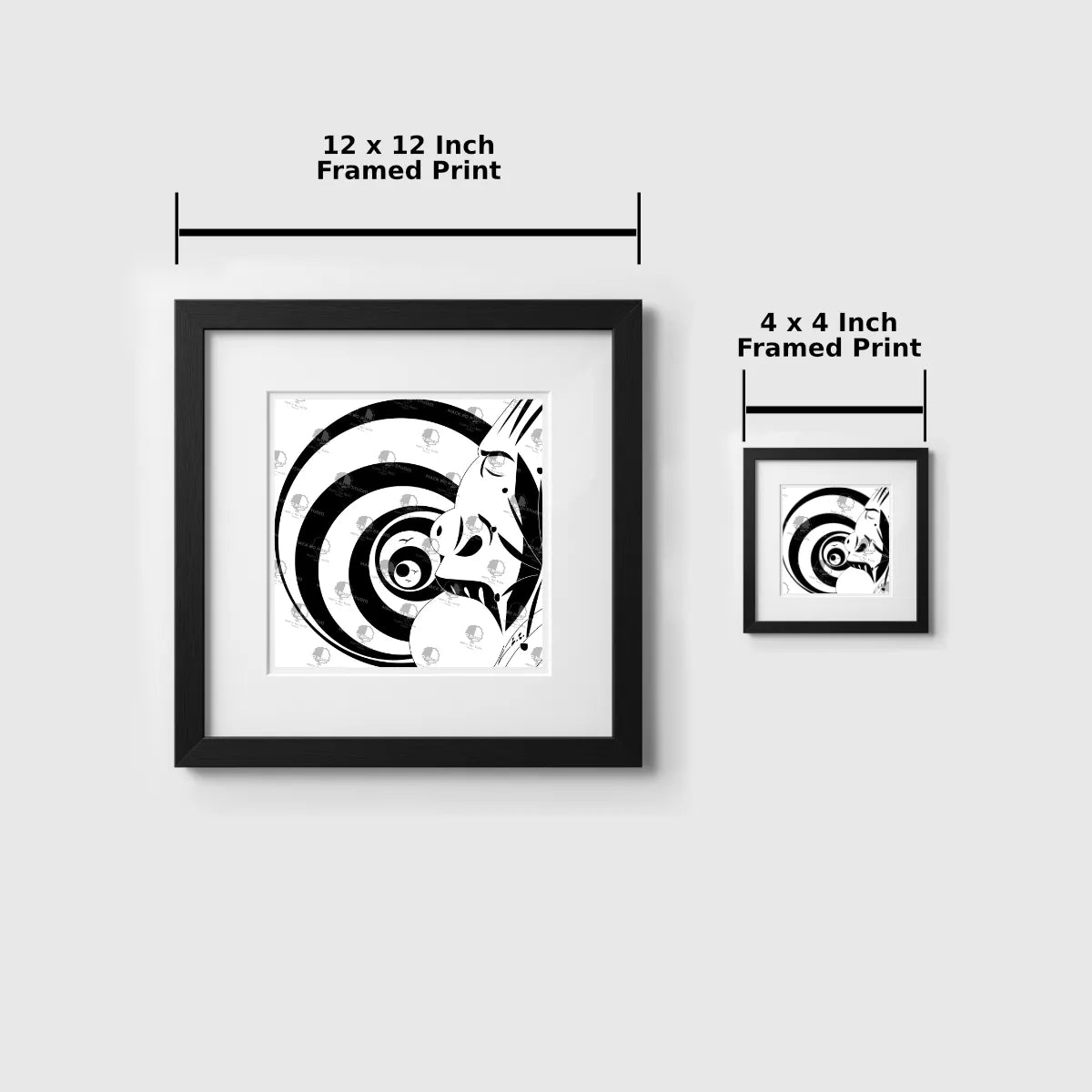 Two framed prints of a black and white abstract design with dimensions indicated.