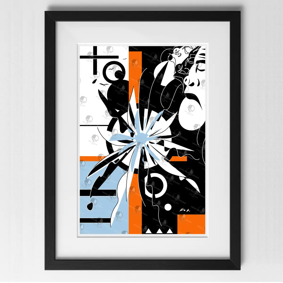 Framed abstract artwork with black, white, and orange design on a gray background