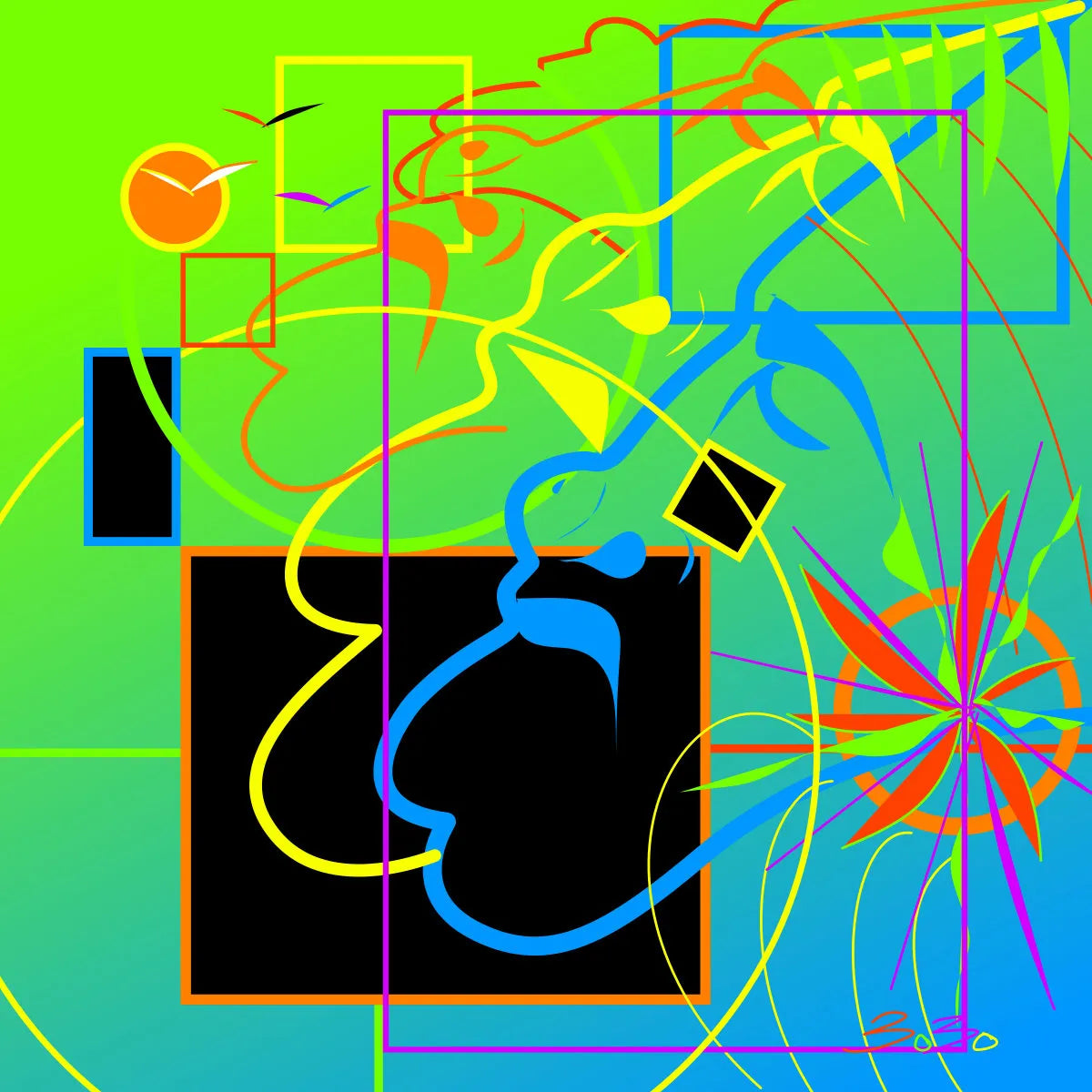 Artwork with color, movement, shapes, and instinctive marks.