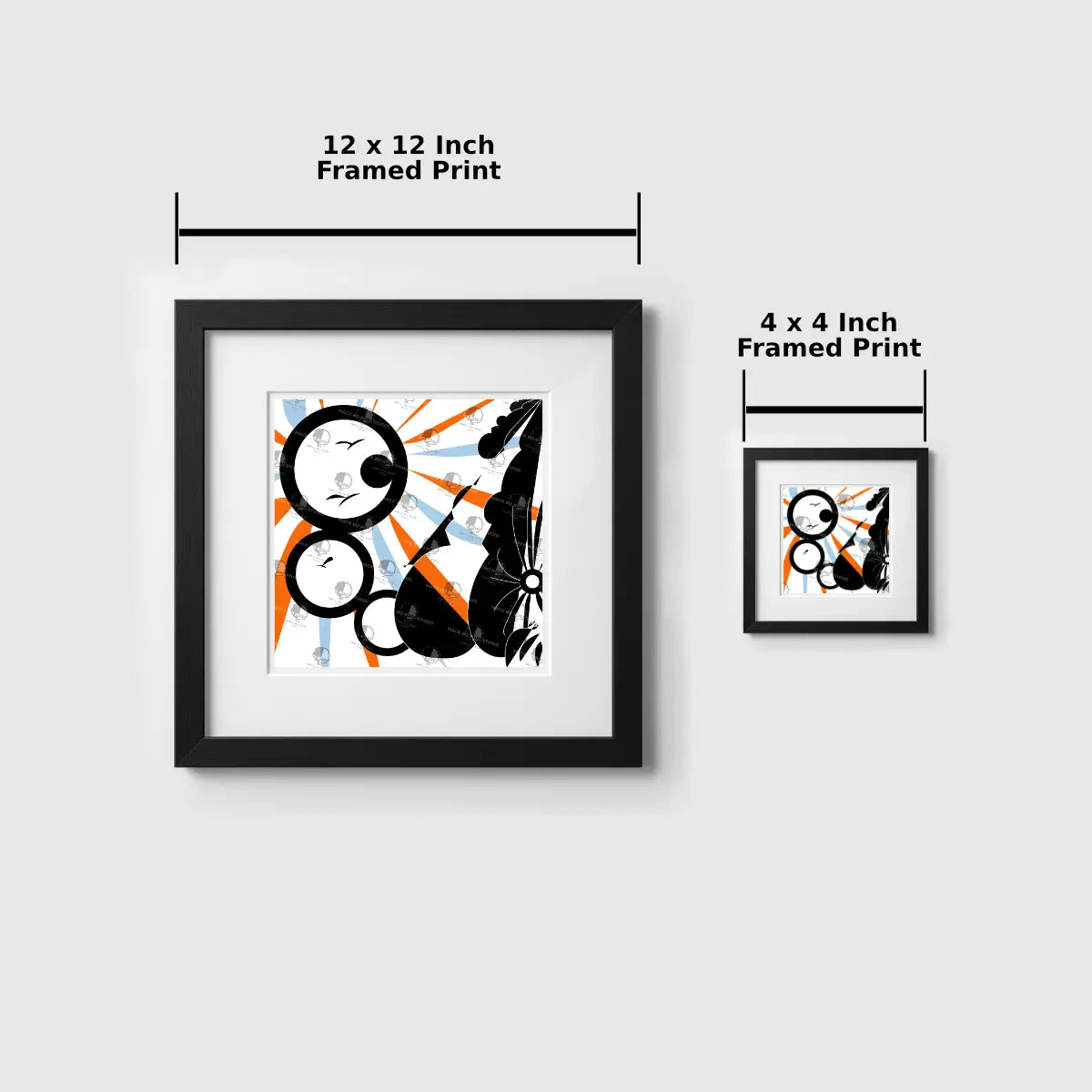 Two framed abstract art prints with dimensions displayed on a white background