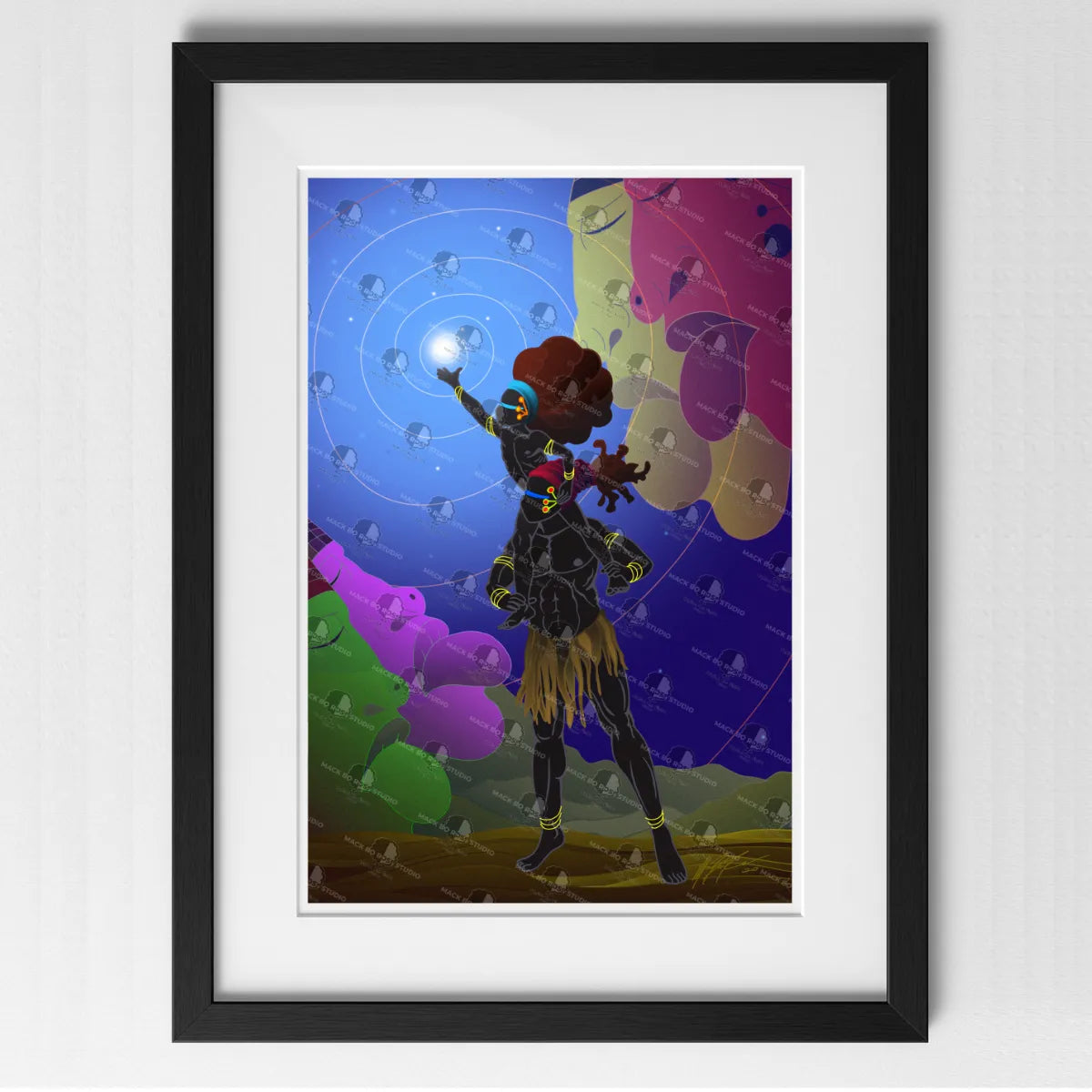 Limited edition African art print featuring vibrant tribal patterns and bold colors by Mack Bo Ross