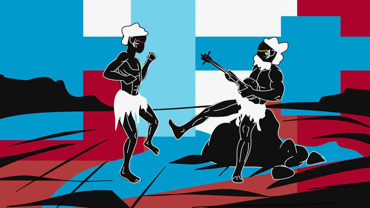 Two figures in traditional attire playing instruments against a colorful geometric background