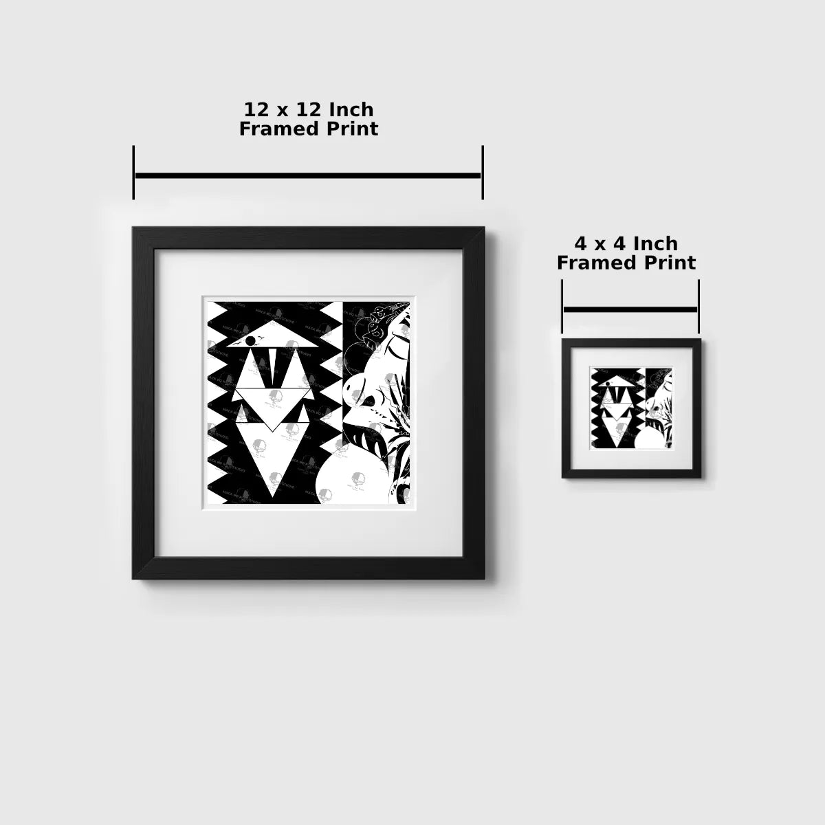 Two framed prints with dimensions labeled on a light gray background