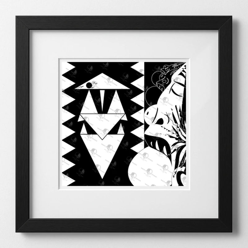 Framed black and white abstract artwork on a white background