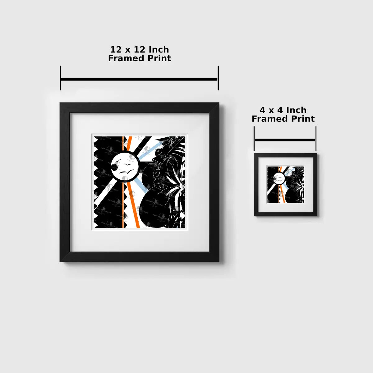 Two framed prints with dimensions labeled on a white background