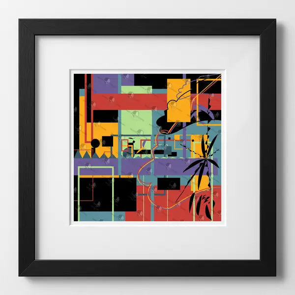 Framed abstract artwork with colorful geometric shapes on a white background