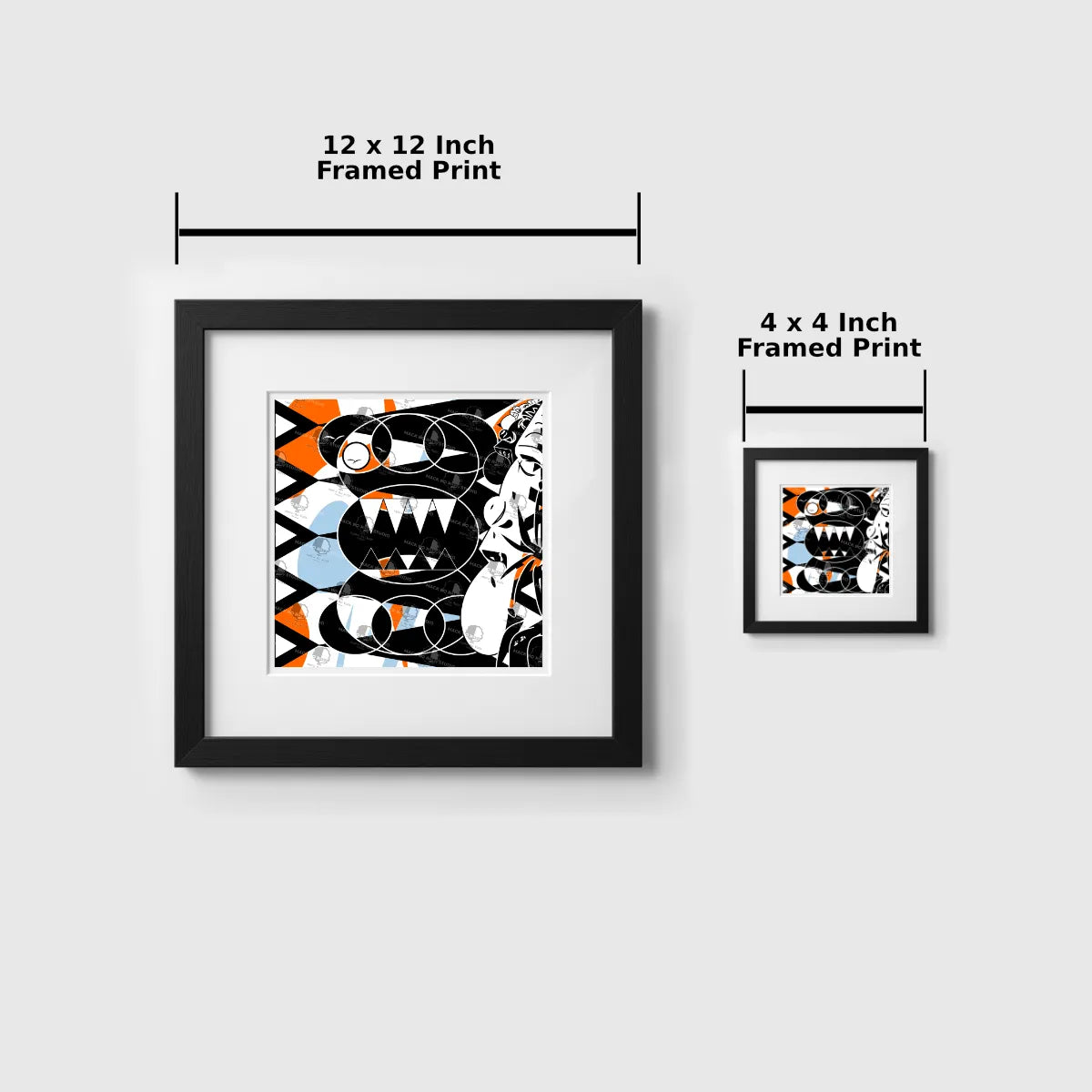 Two framed prints of a stylized animal design with dimensions indicated.